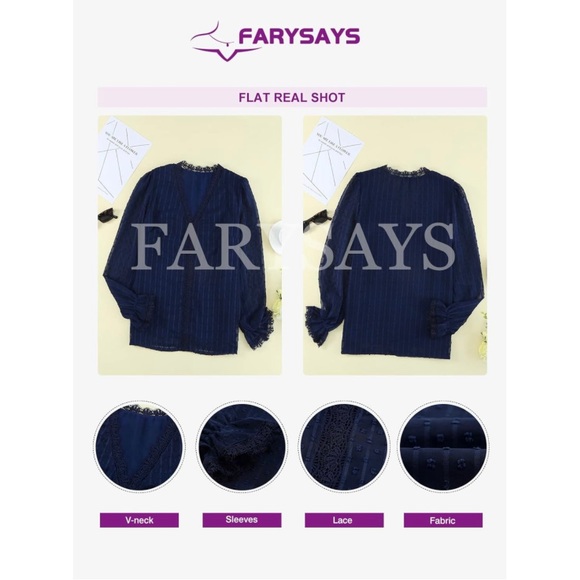 FARYSAYS Womens Long Sleeve Lace Top V Neck Polka Dot Blouses Shirts Flowy Tunic - Picture 3 of 10